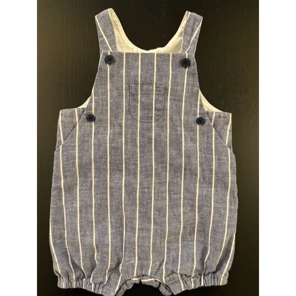 Janie and Jack Baby Linen Railroad Romper Boys 3-6m‎ Blue Striped One-Piece